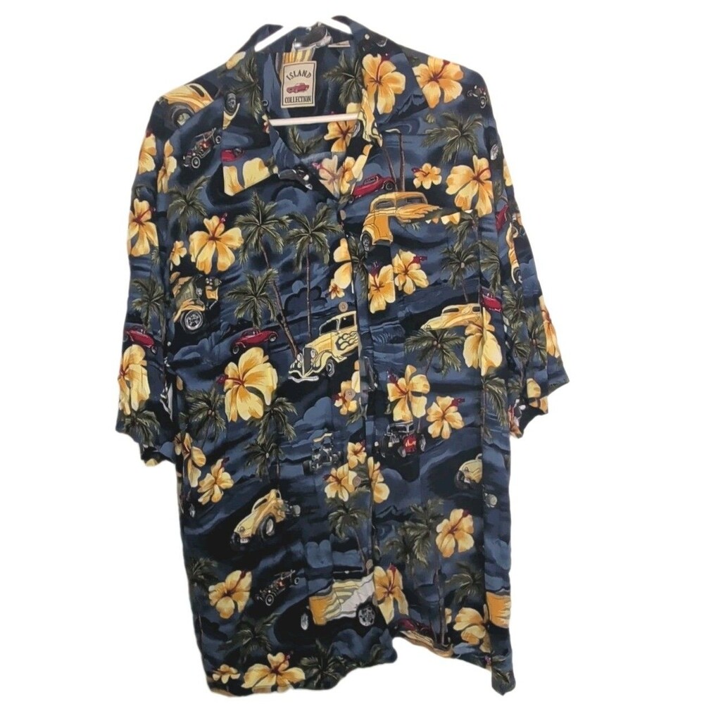 Island Collection Hawaiian Aloha Shirt XL Hot Rod Classic Cars Rayon Tropical